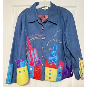 Kaktus‎ USA Denim Jacket Embroidered Cityscape Art to Wear Women's 2X